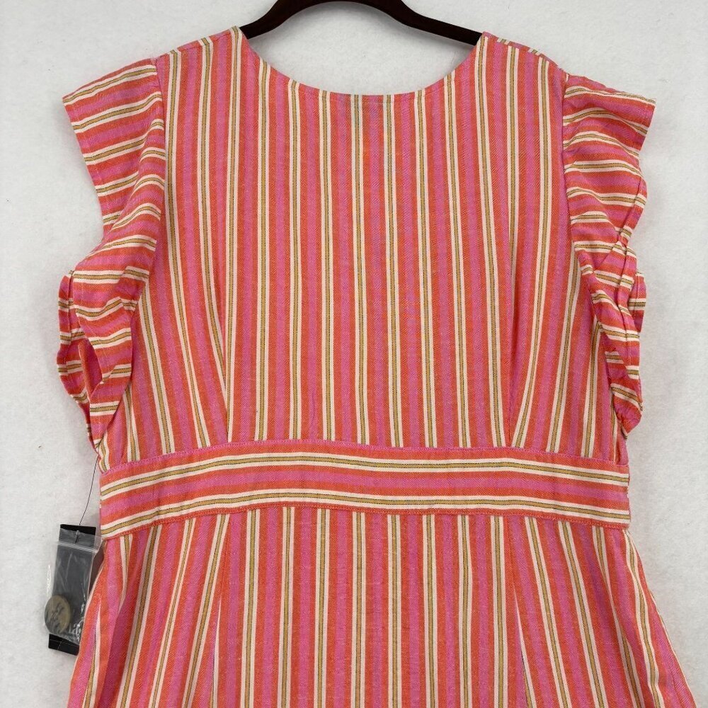 A.N.A Midi Shirt Dress Size L Pink Orange Stripe Linen Blend Button Up Cap Sleev - Picture 9 of 14